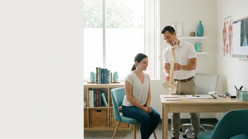 Wider chiropractic consultation scene with a spine model and calm clinical setting