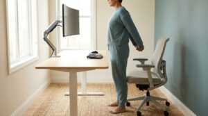Person practising a posture exercise beside an ergonomic home workstation