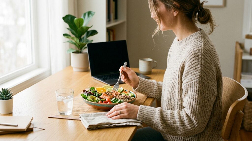 Person sitting with good posture at a bright desk eating a nourishing bowl of greens, salmon and citrus