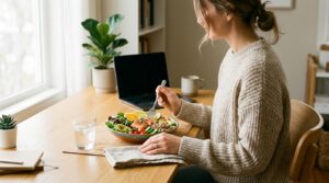 Person sitting with good posture at a bright desk eating a nourishing bowl of greens, salmon and citrus