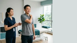 Chiropractor assessing a patient's posture and shoulder mobility