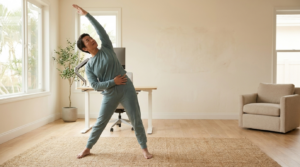Adult performing a standing mobility stretch beside an ergonomic workspace