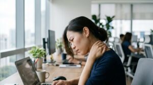 Close-up of a woman massaging her neck and shoulder at a laptop, showing tension headache triggers from screen time