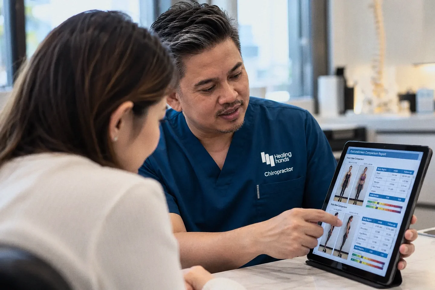 Chiropractor reviewing a posture analysis report on a tablet with a patient