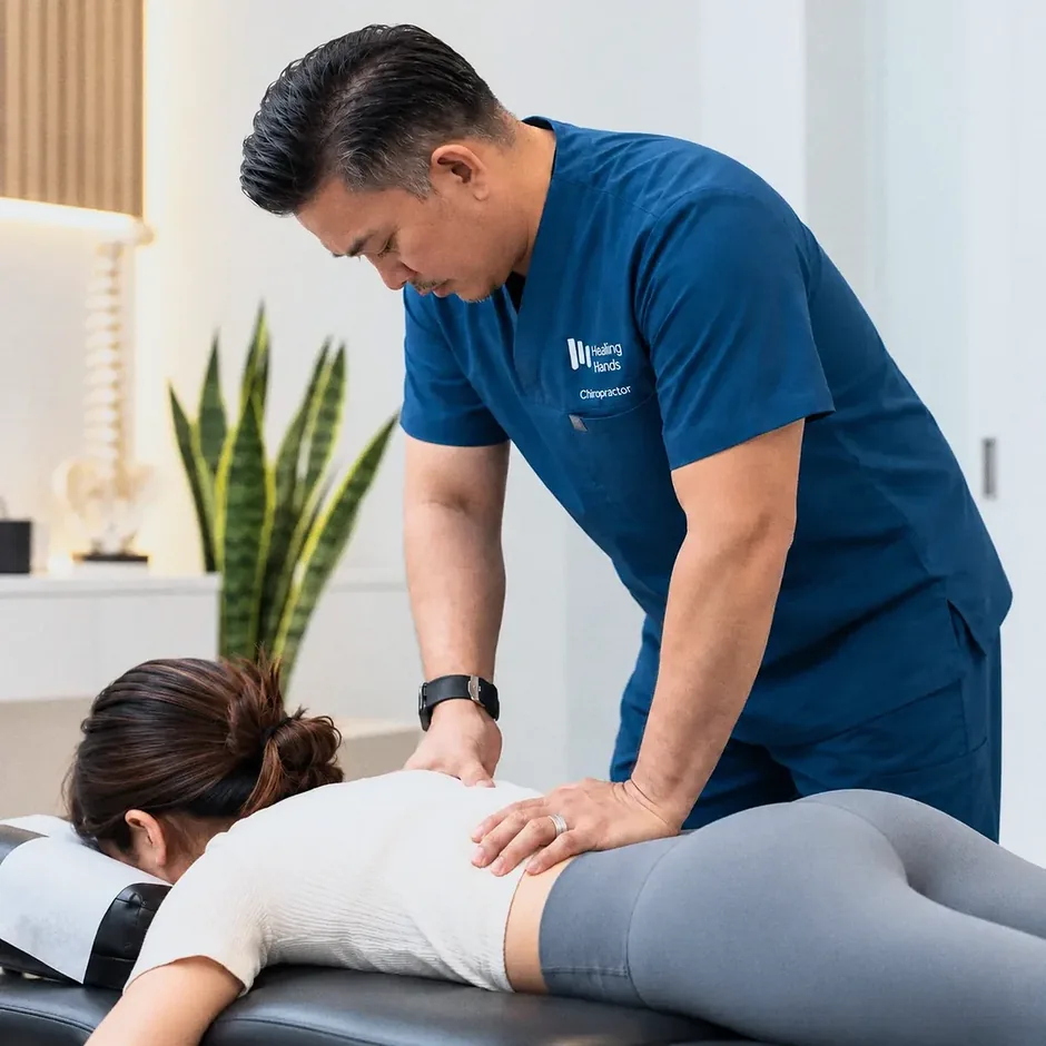 Chiropractor performing a hands-on lower back adjustment at Healing Hands