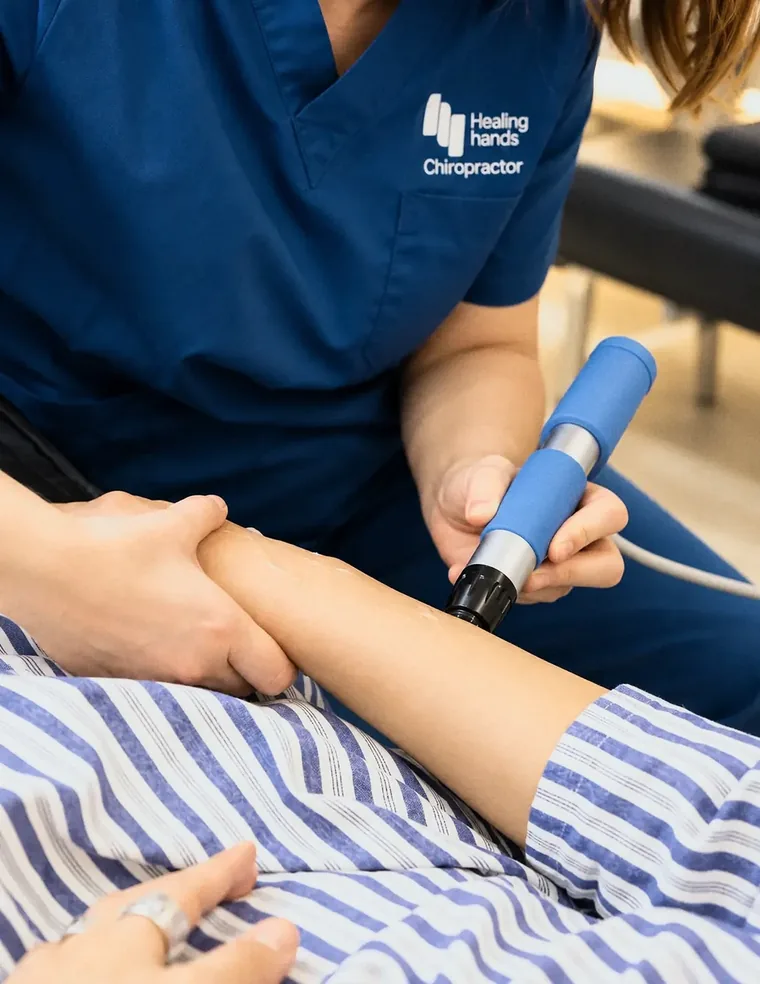 Shockwave therapy applicator treating a patient forearm at Healing Hands