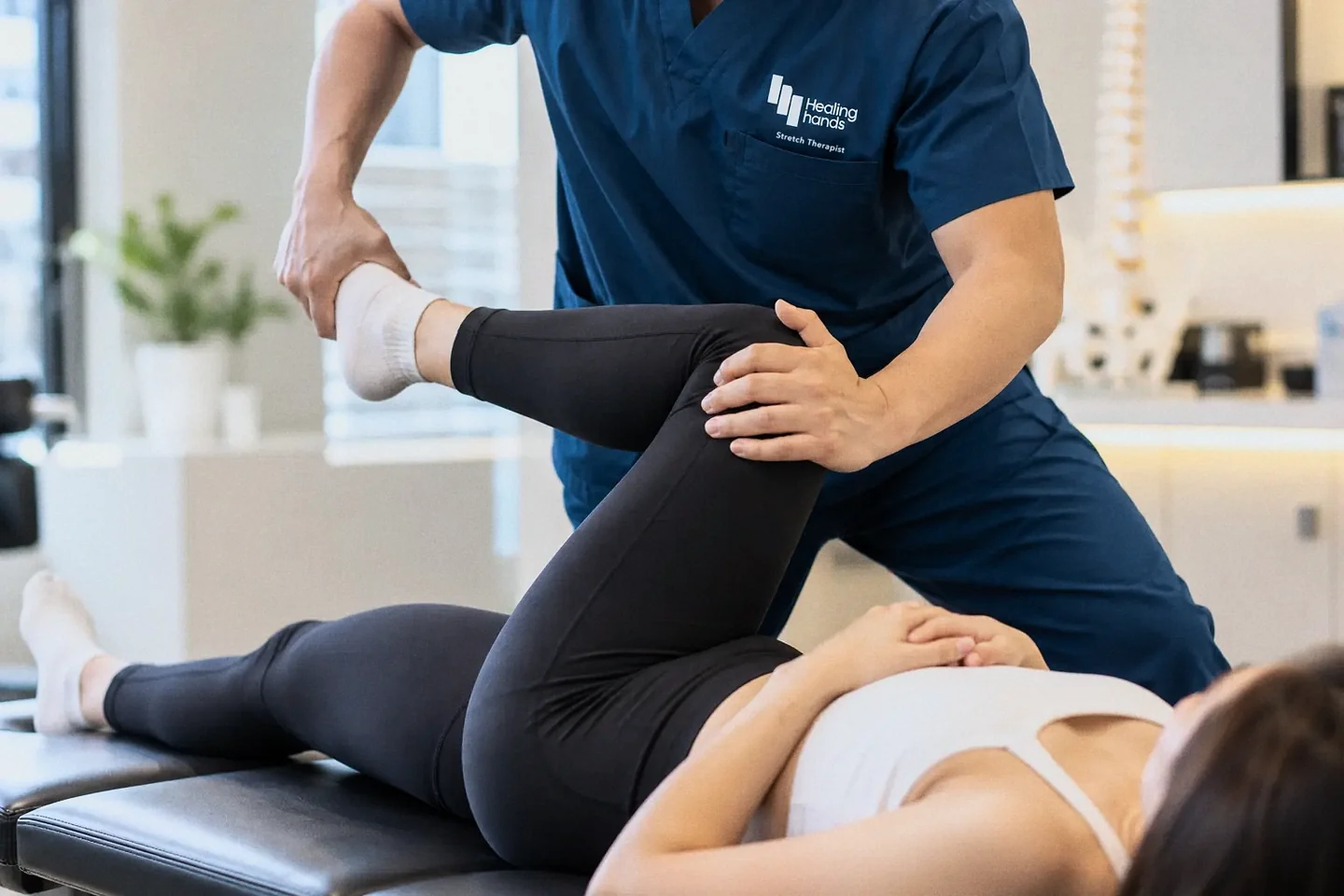 Therapist-assisted leg stretch during a stretch therapy session at Healing Hands
